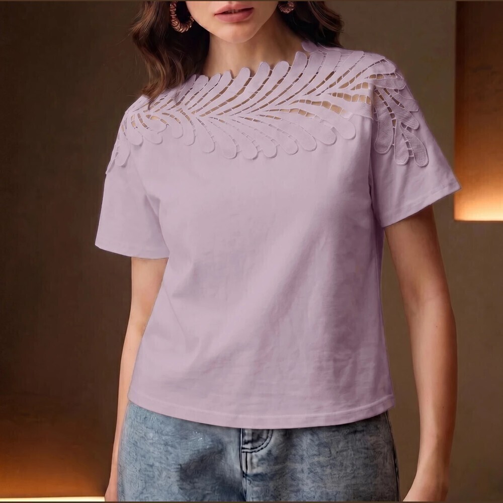 Lilac Laser Cut Feather Yoke Short Sleeve Crew Neck Tee